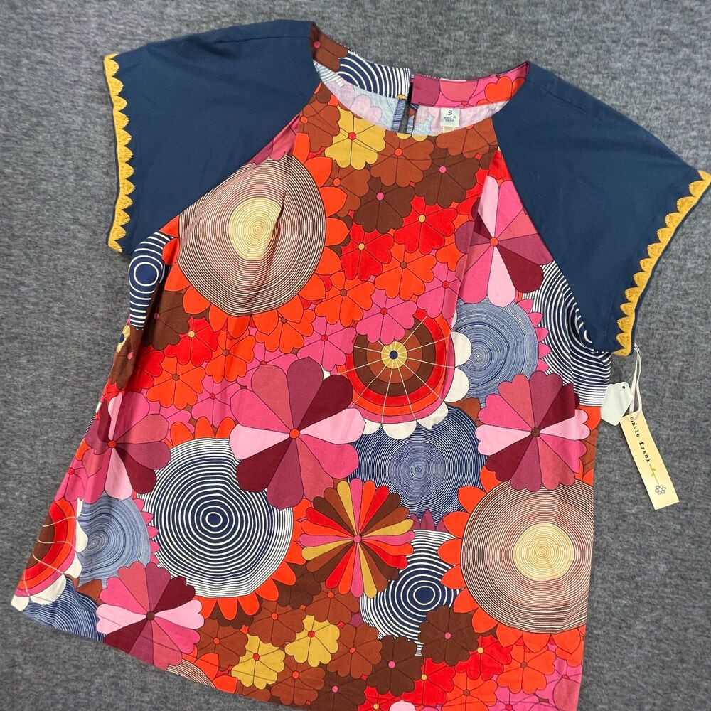 Uncle Frank Retro Geometric Floral Pink Blue Cotton Top S 70's Tunic Festival - Picture 3 of 9